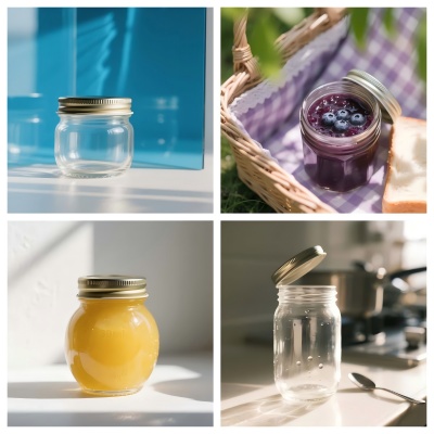 Customized glass jam jars with logo printing and unique lid designs for branding needs Customized glass jam jars with logo printing and unique lid designs for branding needs