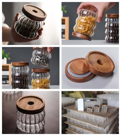 Wholesale striped glass food jar with airtight acacia wood lid, 500ml capacity Wholesale striped glass food jar with airtight acacia wood lid, 500ml capacity