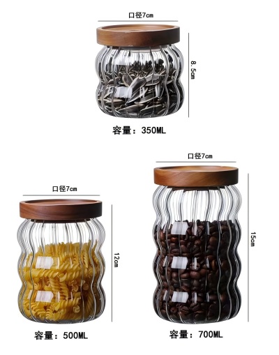 Wholesale striped glass food jar with airtight acacia wood lid, 500ml capacity Wholesale striped glass food jar with airtight acacia wood lid, 500ml capacity